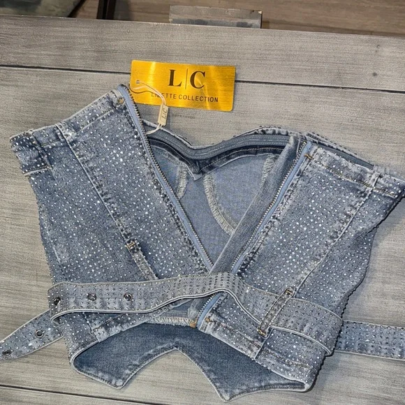 Women's rhinestone Studded Denim Corset Top